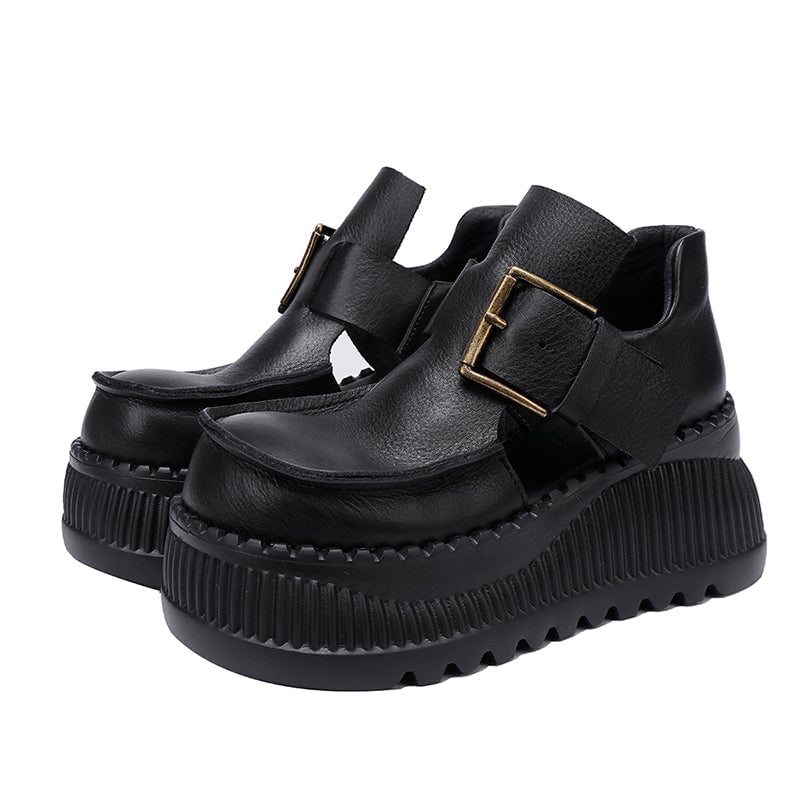 75mm Platform T-Straps Sandals Cowhide Mary Jane Shoes in Black/Light Brown
