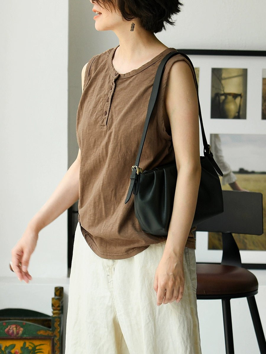 Women Summer Pure Color O-Neck 100%Cotton Vest