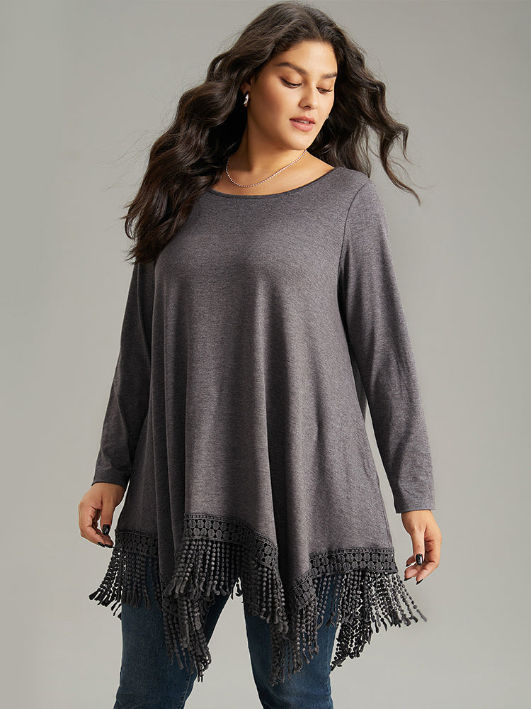 Solid Tassels Trim Pocket Asymmetrical Hem T-shirt