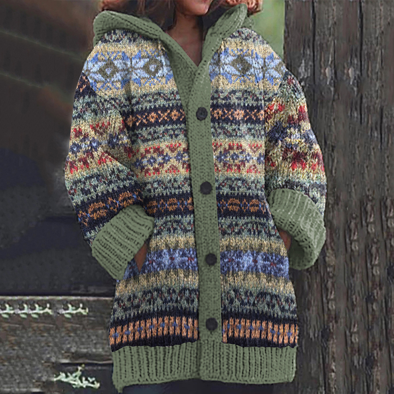 Fairman Island Geometric Contrast Print Hooded Sweater Cardigan