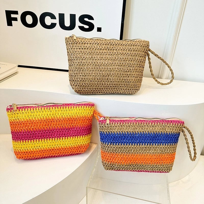 Women's Medium Straw Color Block Solid Color Basic Beach Weave Square Zipper Straw Bag
