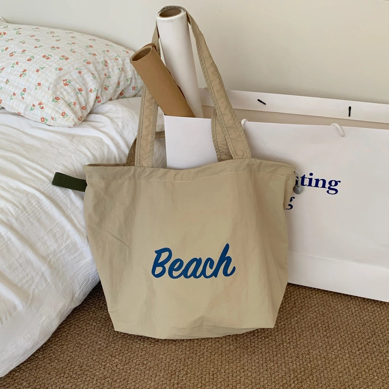 Women's Large Nylon Letter Elegant Streetwear Square String Tote Bag