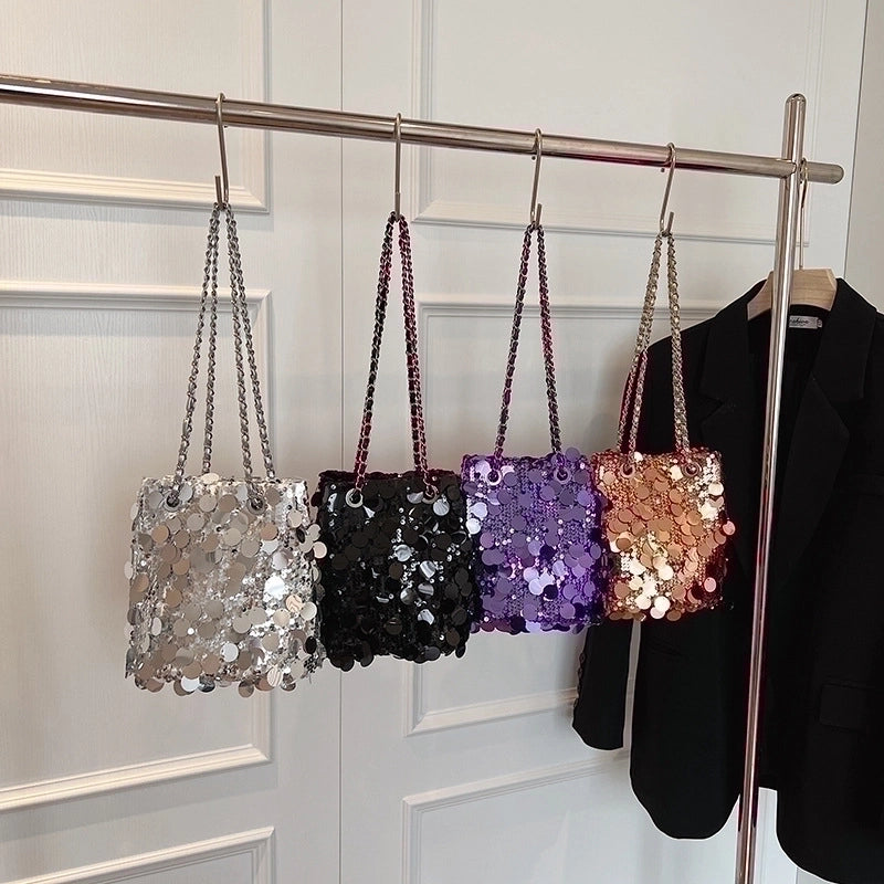 Women's Small Sequin Solid Color Basic Bucket Magnetic Buckle Underarm Bag