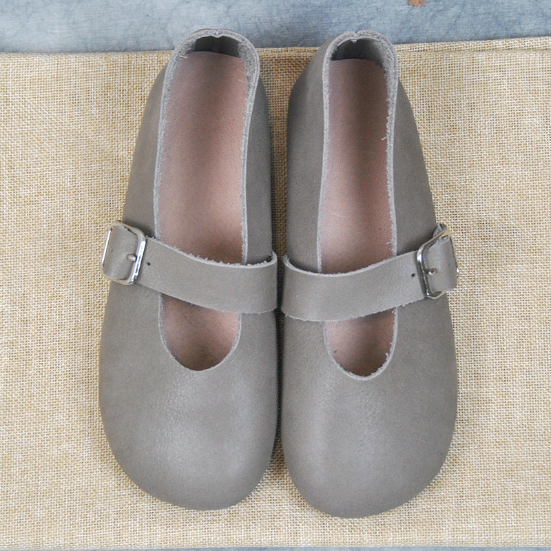 Handmade Women's Calf Leather Mary Jane Shoes Round Toe  Soft Sole Buckle Slip On Black/Beige/Faint Yellow