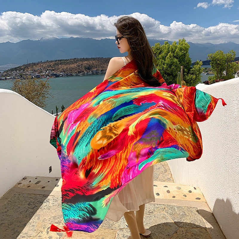 Silk Scarf Women's Summer Seaside Beach Sunscreen Shawl Scarf Dual-use  Long Ethnic Style Plus Size Travel Silk Scarf