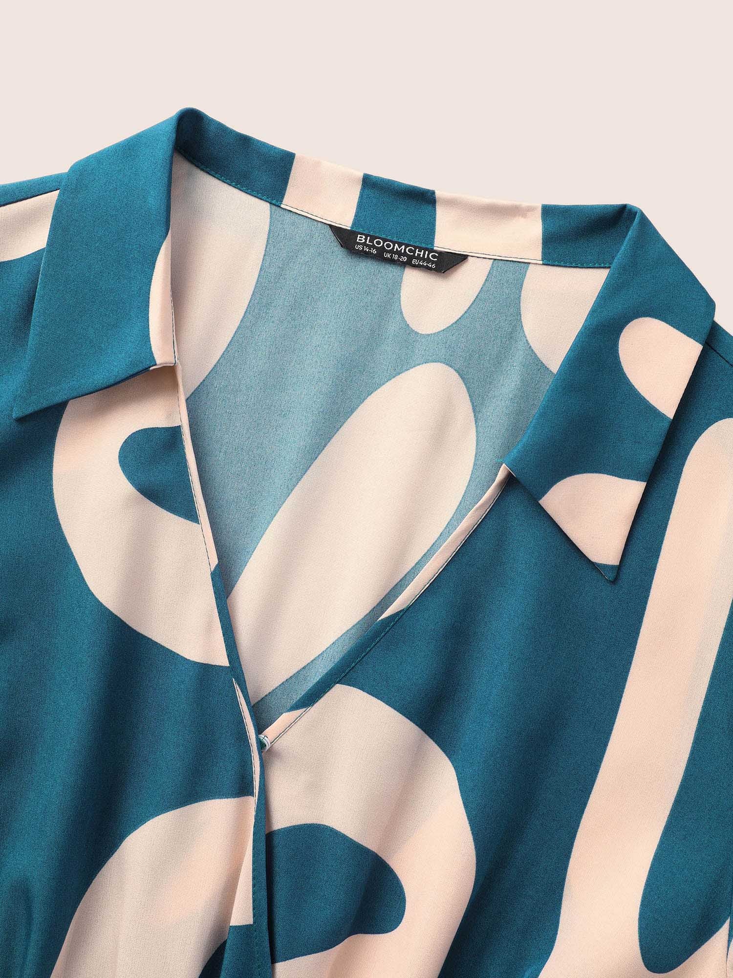 Shirt Collar Contrast Geometric Belted Midi Dress
