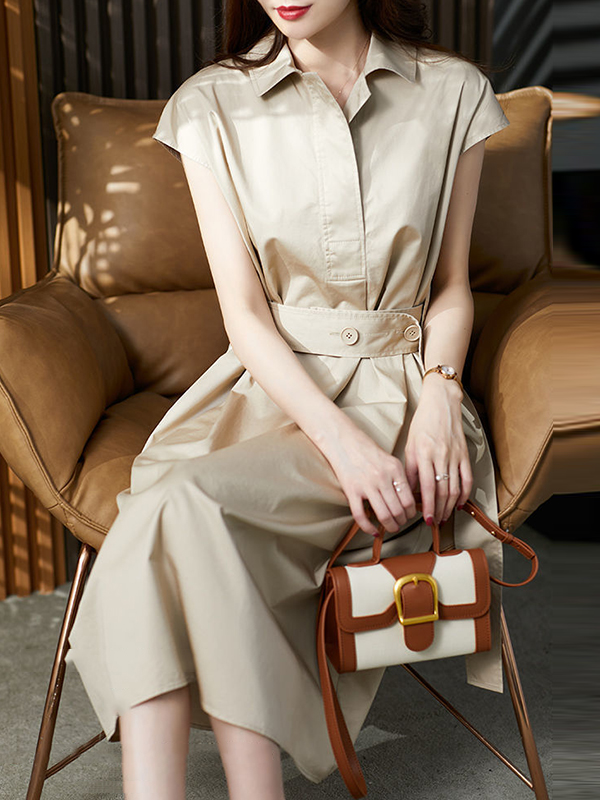 Plus Size Short Sleeves Bandage Solid Color Lapel Midi Dresses