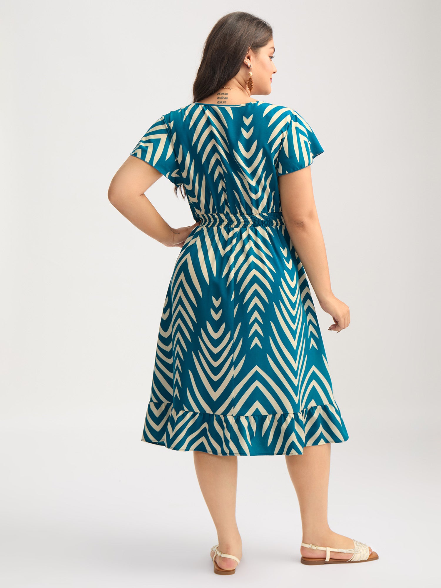Geometric Print Cinched-Waist Midi Dress