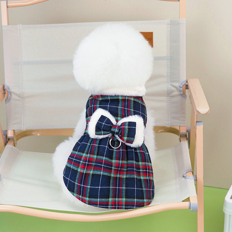 Plaid Fleece Bowknot Dog Harness Dress Coat