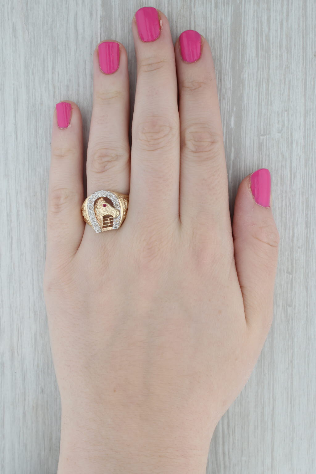 0.20ctw Diamond Horseshoe Horse Ring 14k Gold Size 11.5 Western Lab Created Ruby
