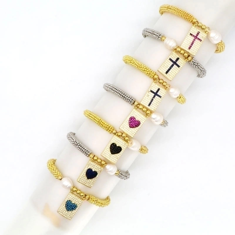 Copper 18K Gold Plated Elegant Vintage Style Luxurious Plating Inlay Cross Heart Shape Zircon Bracelets