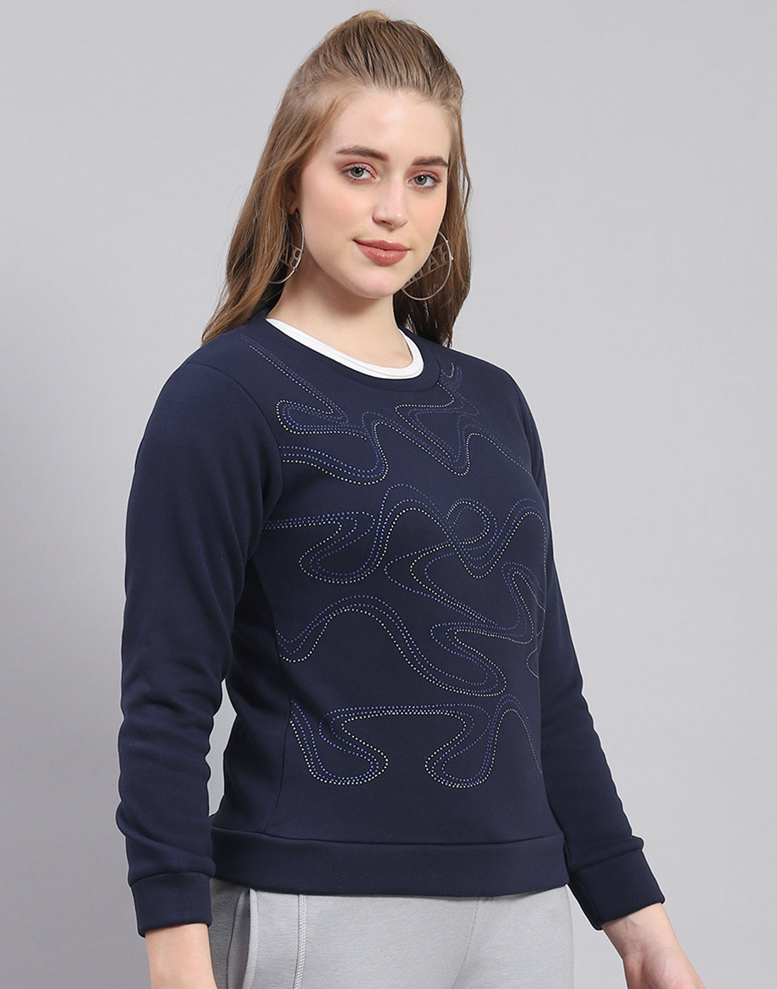 Women Navy Blue Printed Round Neck Full Sleeve Sweatshirt