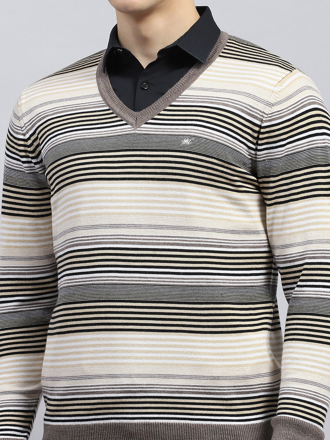 Men Beige Stripe V Neck Full Sleeve Pullover