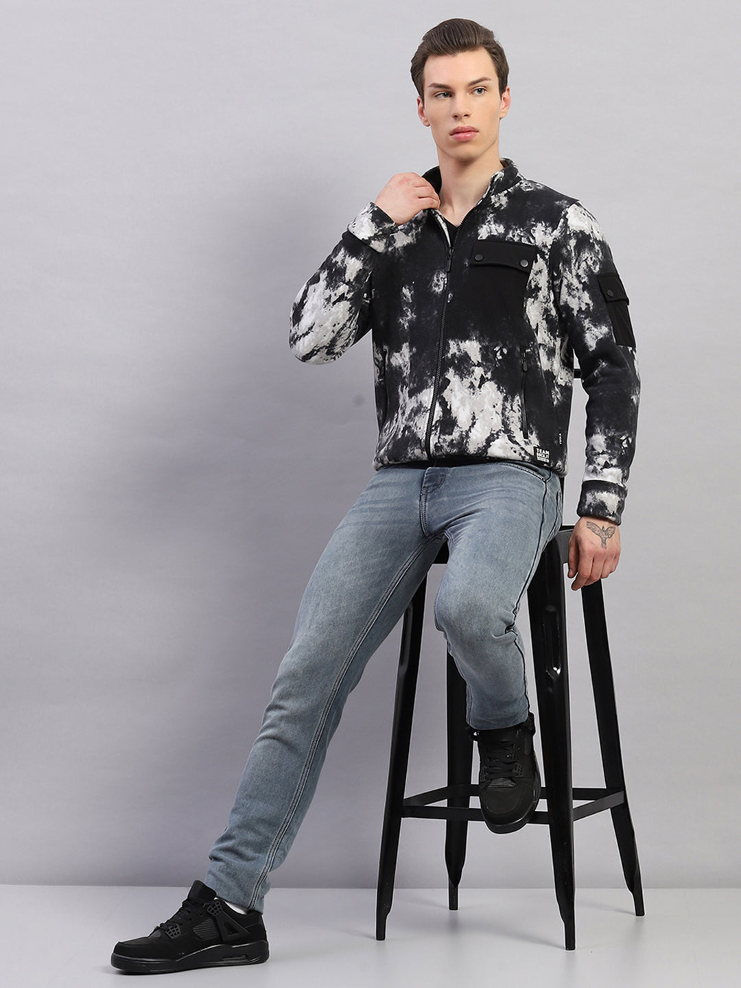 Men Black Printed Mock Neck Full Sleeve Sweatshirt