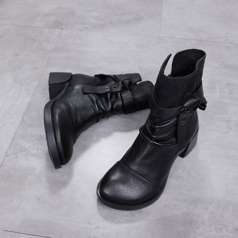 Women Leather Heeled Combat Boots with Belt Comfortable Walking Round Toe in Black/Coffee