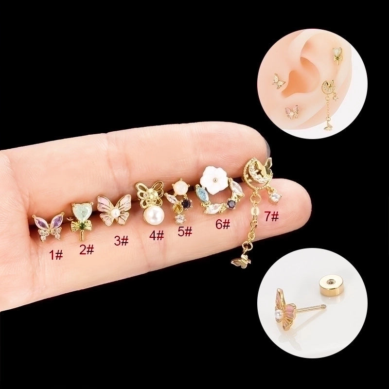 1 Piece Ear Cartilage Rings & Studs Hip-Hop Heart Shape Flower Butterfly 316L Stainless Steel  Copper Inlay Artificial Pearls Zircon