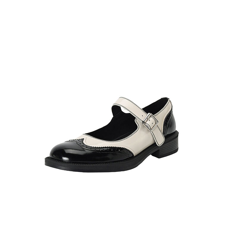 Women's Retro Soft Leather Brogue Round Toe Low Heel  Mary Jane Shoes In Brown/Black