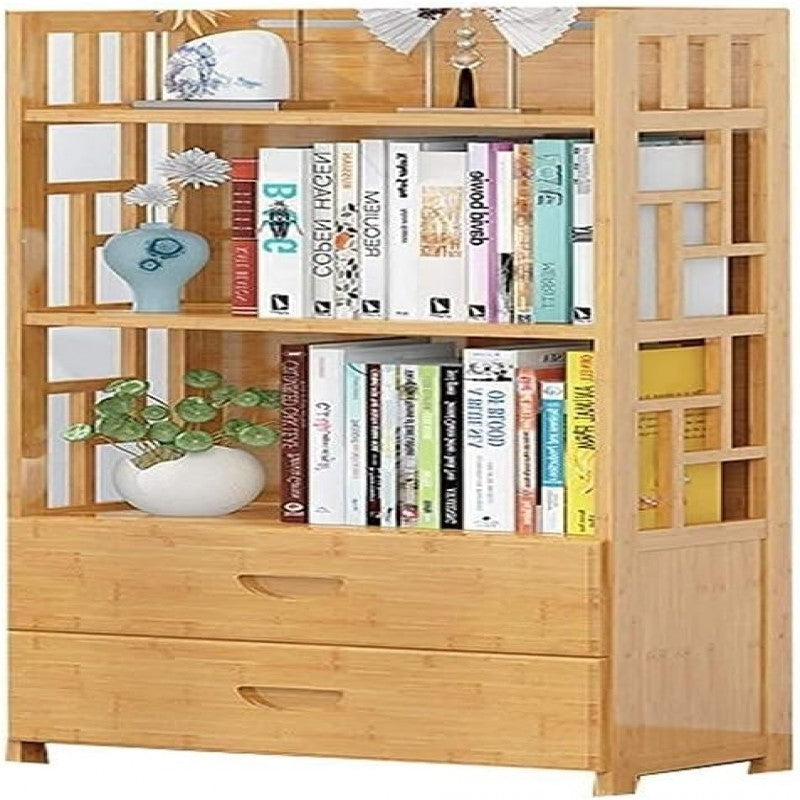 Wooden Bookshelf With Drawers Floor-Standing Display Shelf Storage Rack Organizer For Home Office