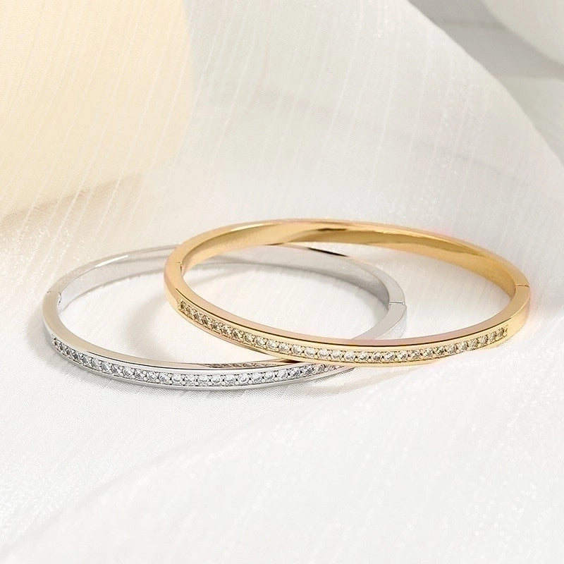 Casual Elegant Luxurious Solid Color Stainless Steel 18K Gold Plated Rhinestones Bangle In Bulk