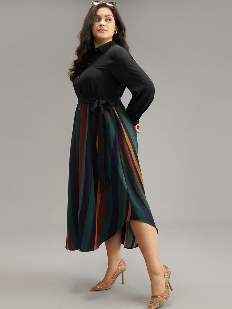 Colour Striped Patchwork Belted Button Through Dress