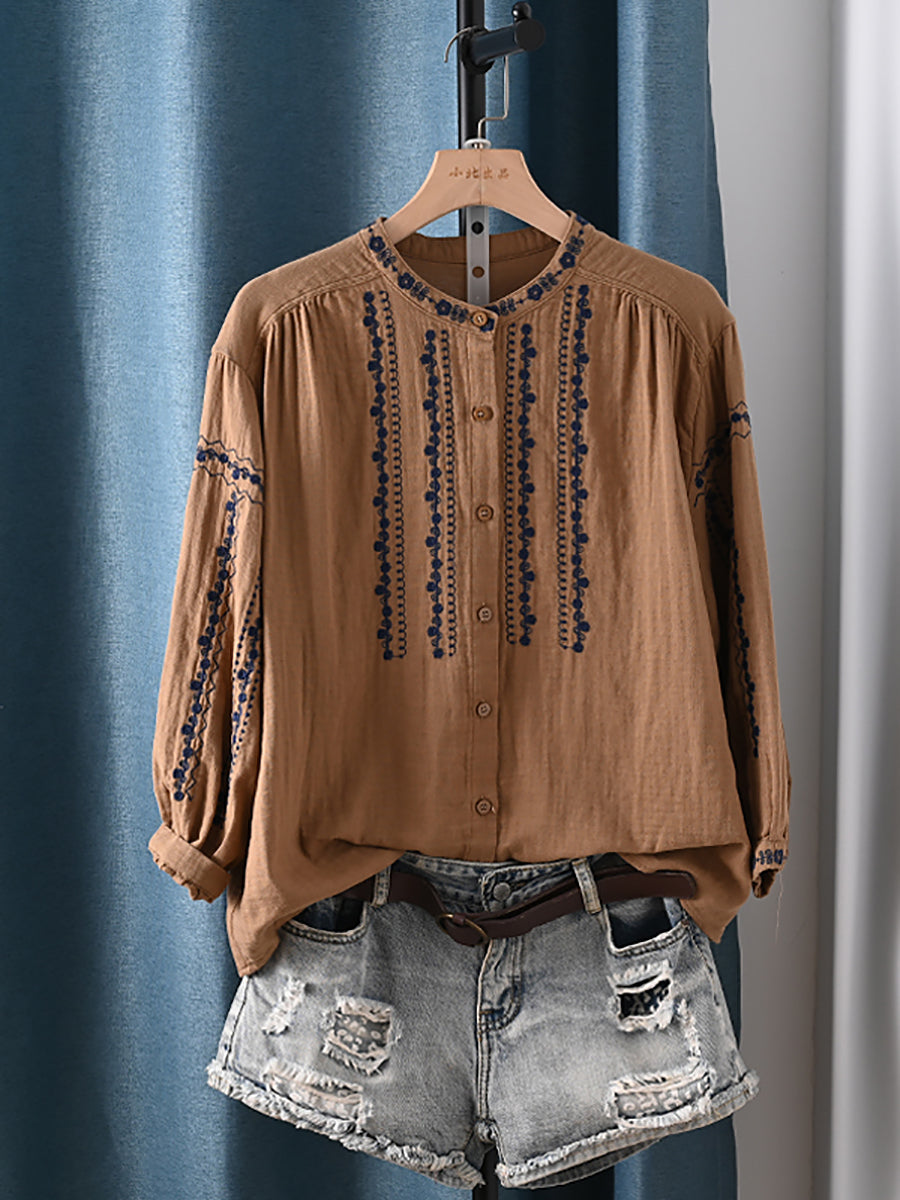 Women Summer Artsy Embroidery Stand Collar 100%Cotton Shirt