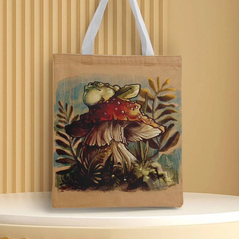 Women's Canvas Cartoon Frog Basic Classic Style Square Open Canvas Bag