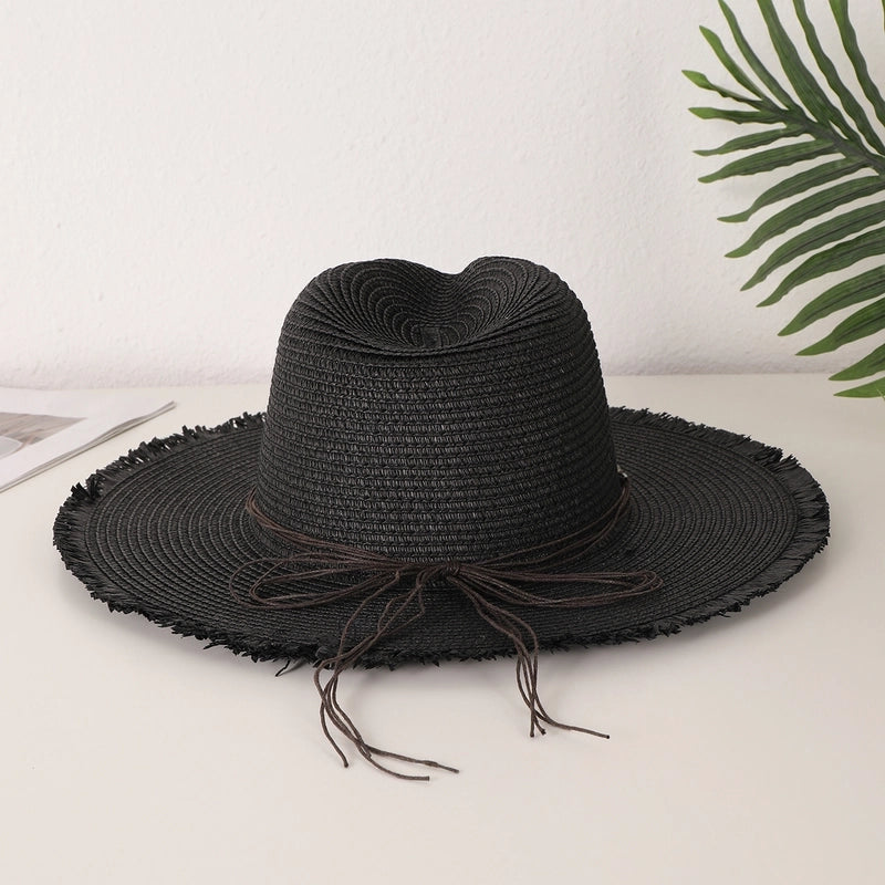 Women's Casual Vacation Beach Solid Color Beaded Big Eaves Straw Hat
