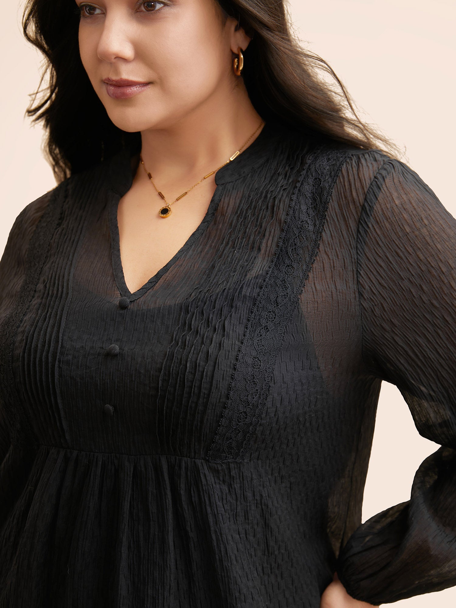 Textured Lace Panel Pleated Blouse