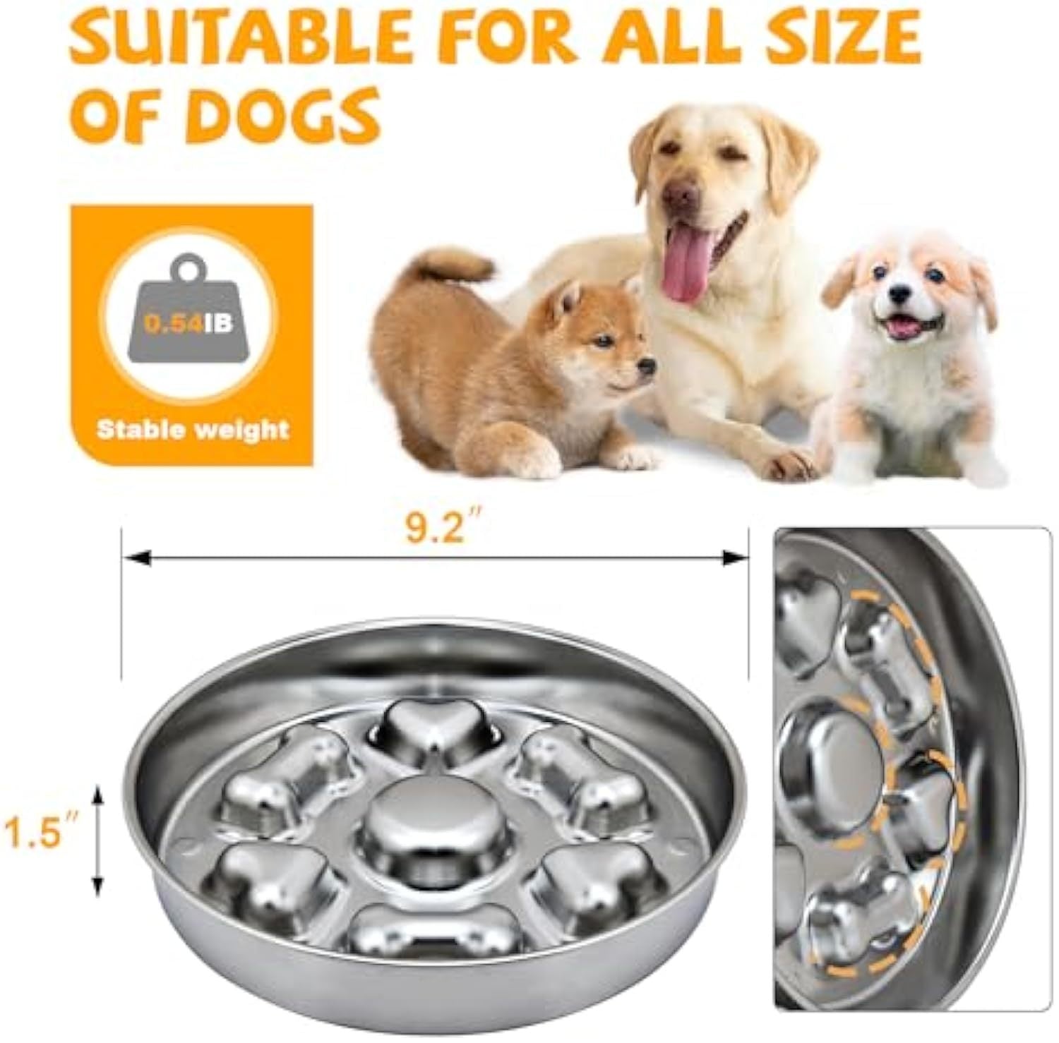 Stainless Steel Slow Feeder Dog Bowl - Non-Slip Food Bowl with Heart & Bone Design