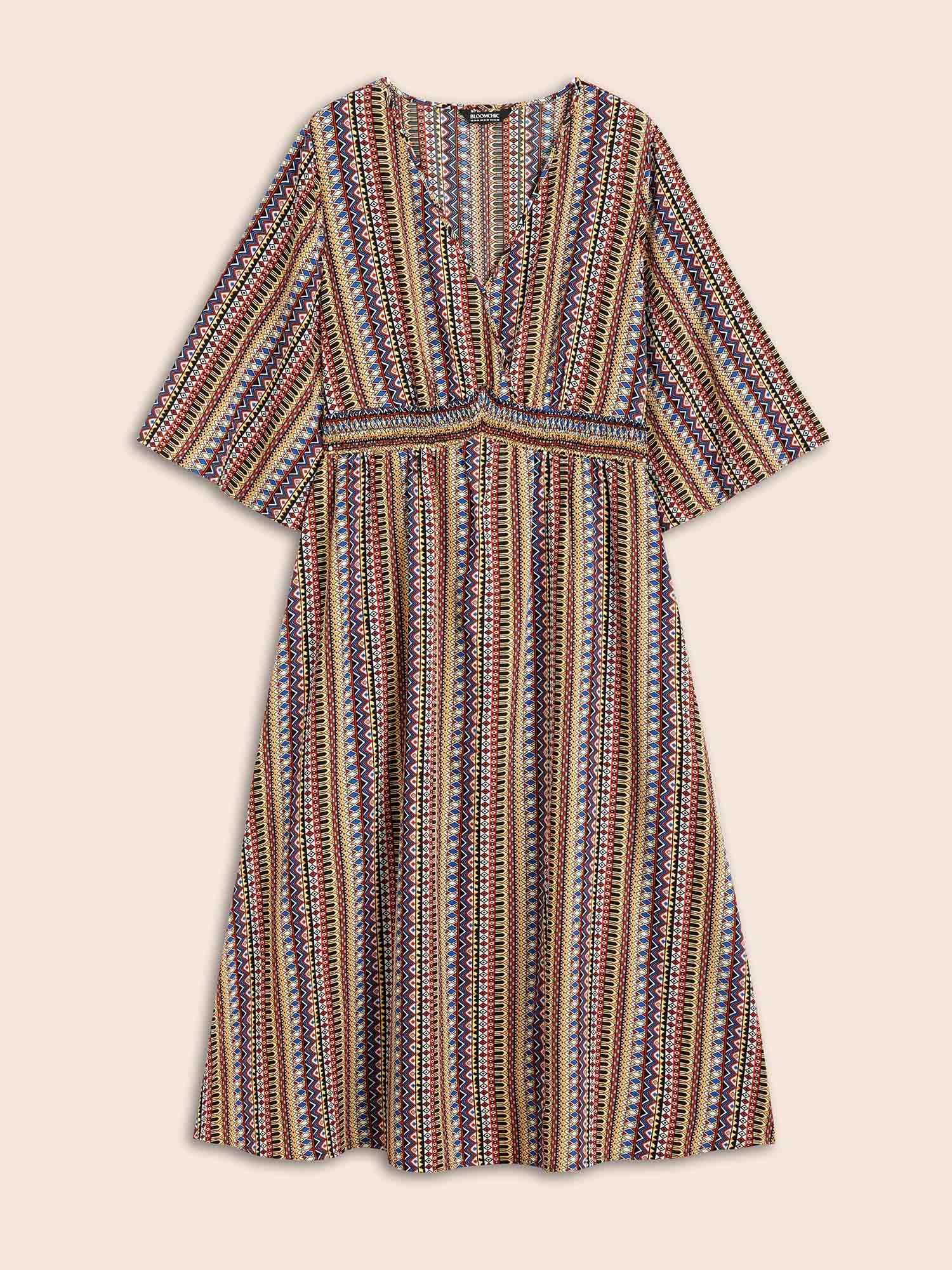 Bandana Striped Shirred Split Hem Dress