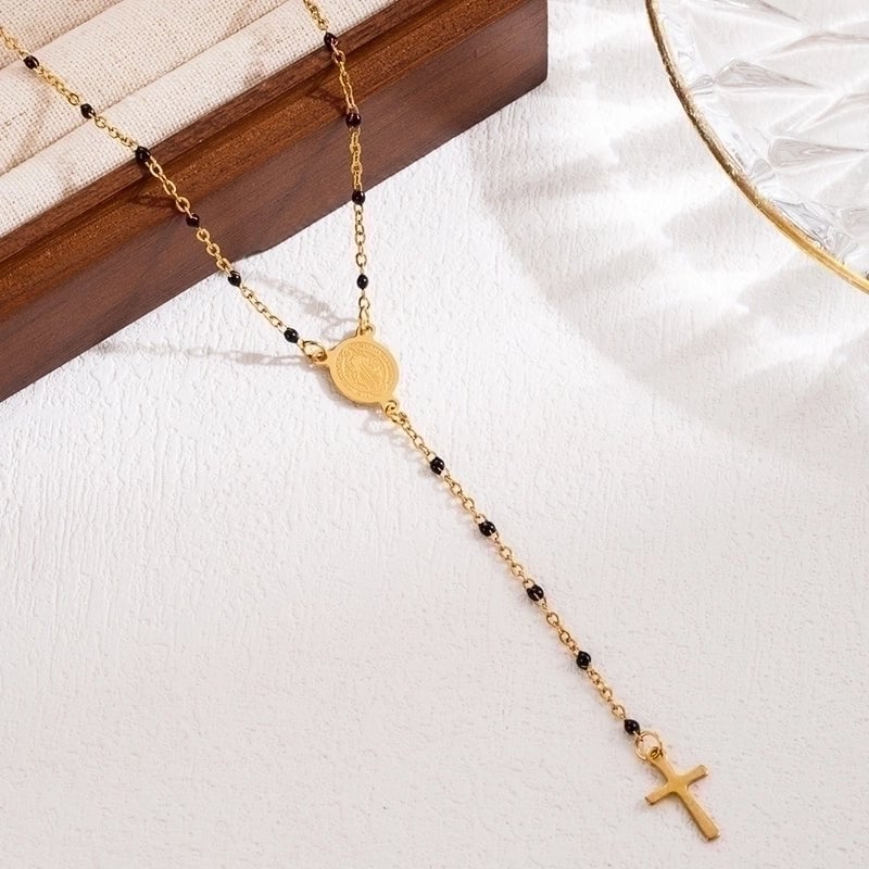 3 Pieces Elegant Classical Cross Virgin Mary Priest Stainless Steel Beaded Plating 18k Gold Plated Necklace