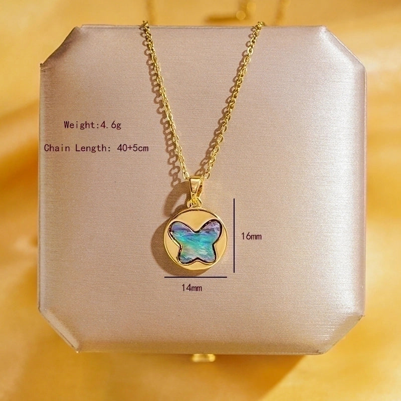 304 Stainless Steel Copper 18K Gold Plated K Gold Plated Cute Inlay Flower Butterfly Acrylic Shell Zircon Pendant Necklace