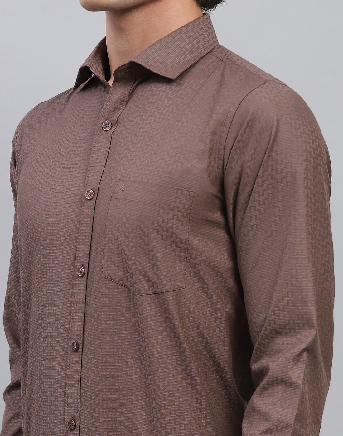 Men Brown Self Design Collar Full Sleeve Shirt