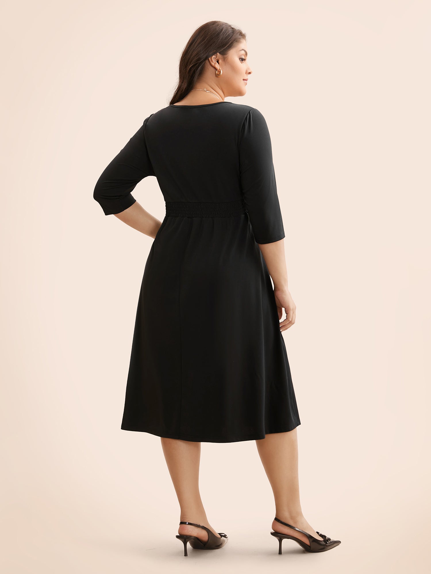 Solid Round Neck Shirred Midi Dress