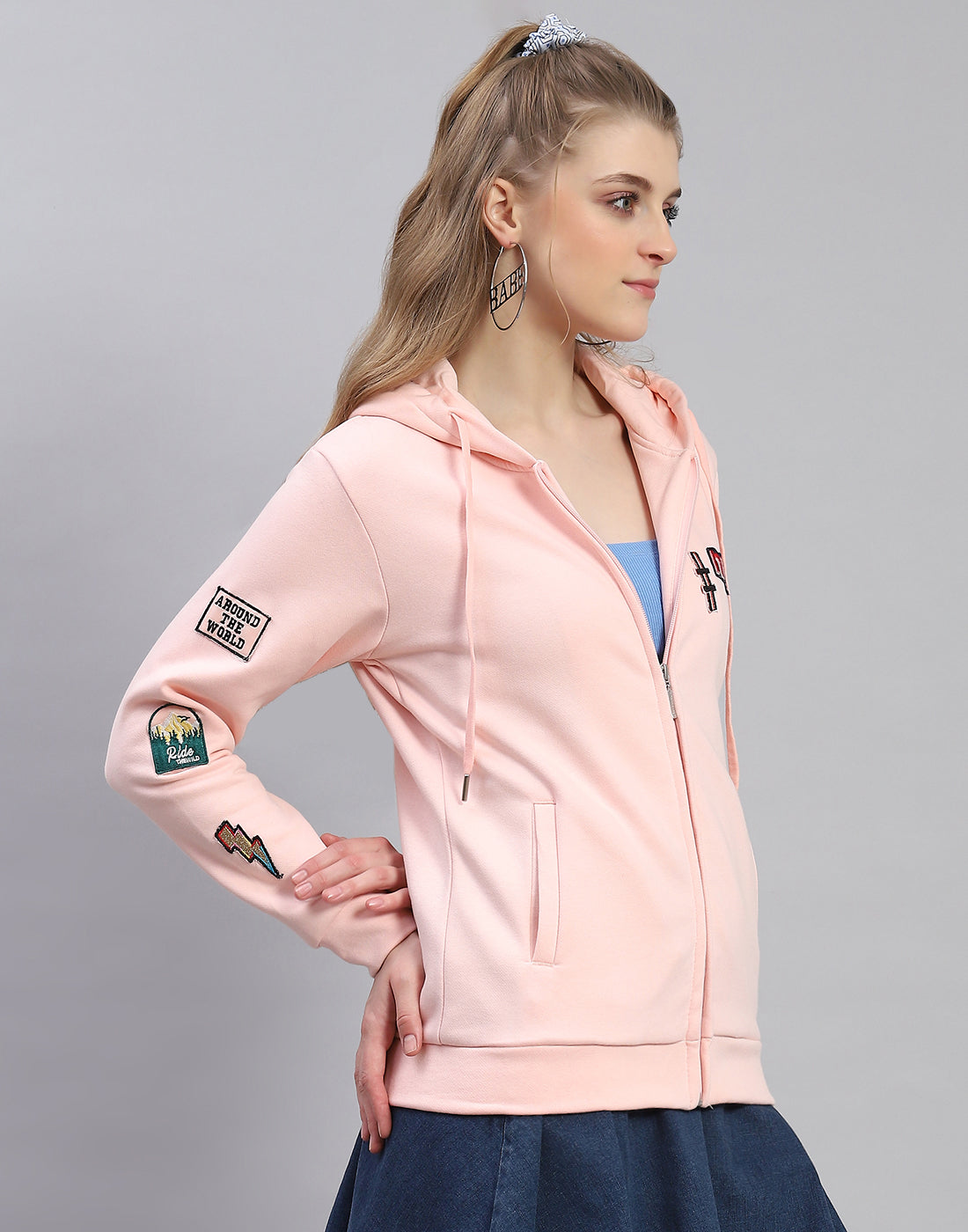 Women Pink Embroidered Hooded Full Sleeve Sweatshirt