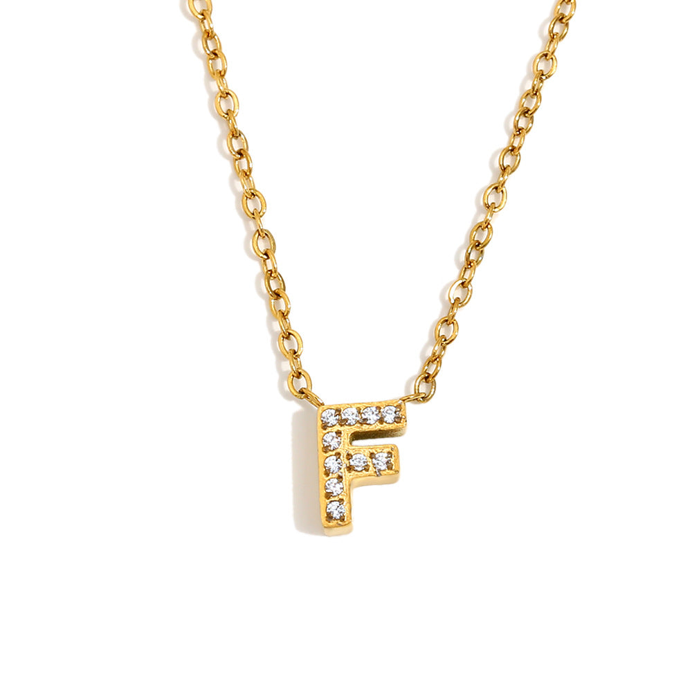 Fashionable And Simple 26 English Letter Pendant Stainless Steel Plated 18K Gold Diamond Small Letter Necklace For Women
