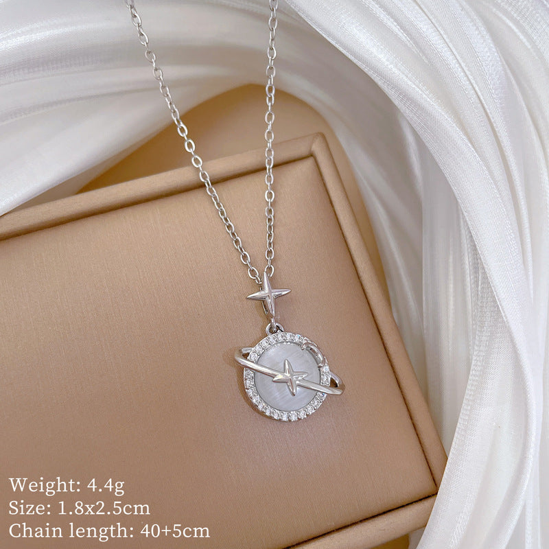 Micro-Inlaid Real Gold Cat'S Eye Planet Necklace Female Clavicle Chain Niche Design