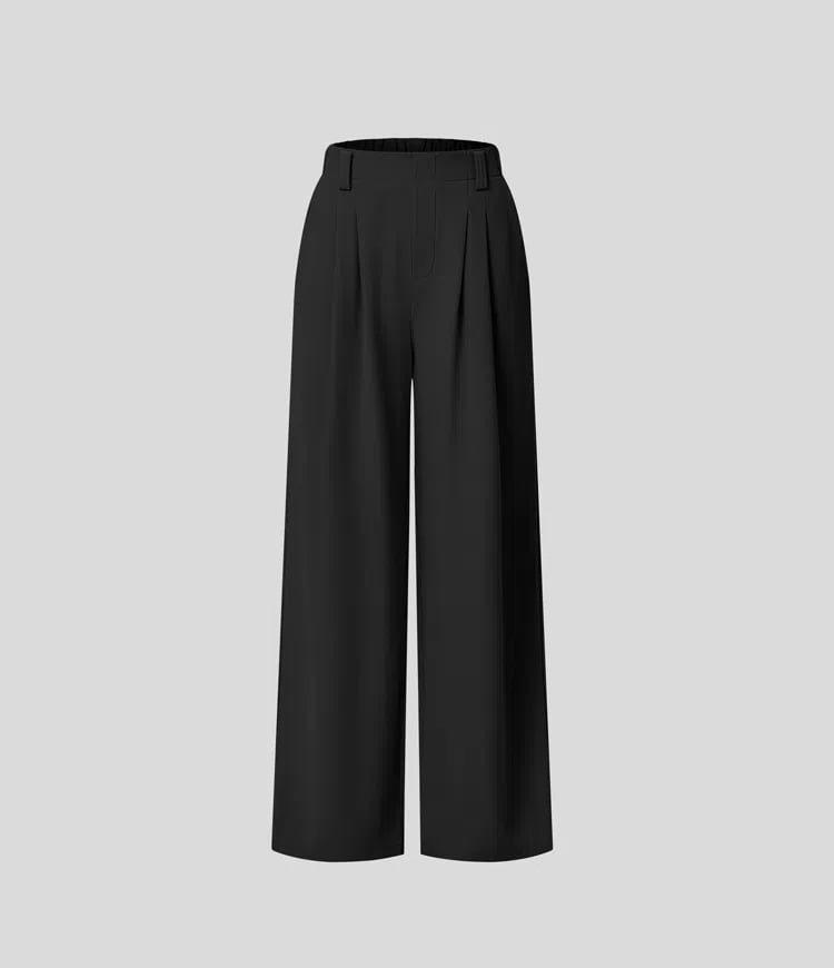 High Waisted Plicated Side Pocket Wide Leg Waffle Work Pants