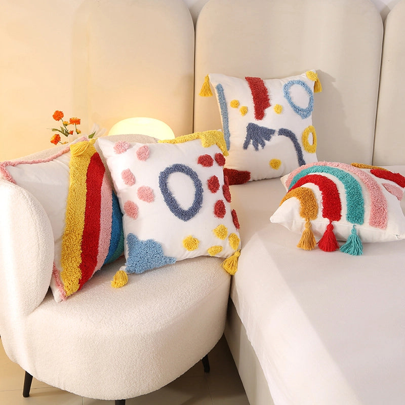 Style Tufted Tassel Rainbow Pillow Dopamine Home Decoration Bay Window Cushion Living Room Sofa Pillowcase
