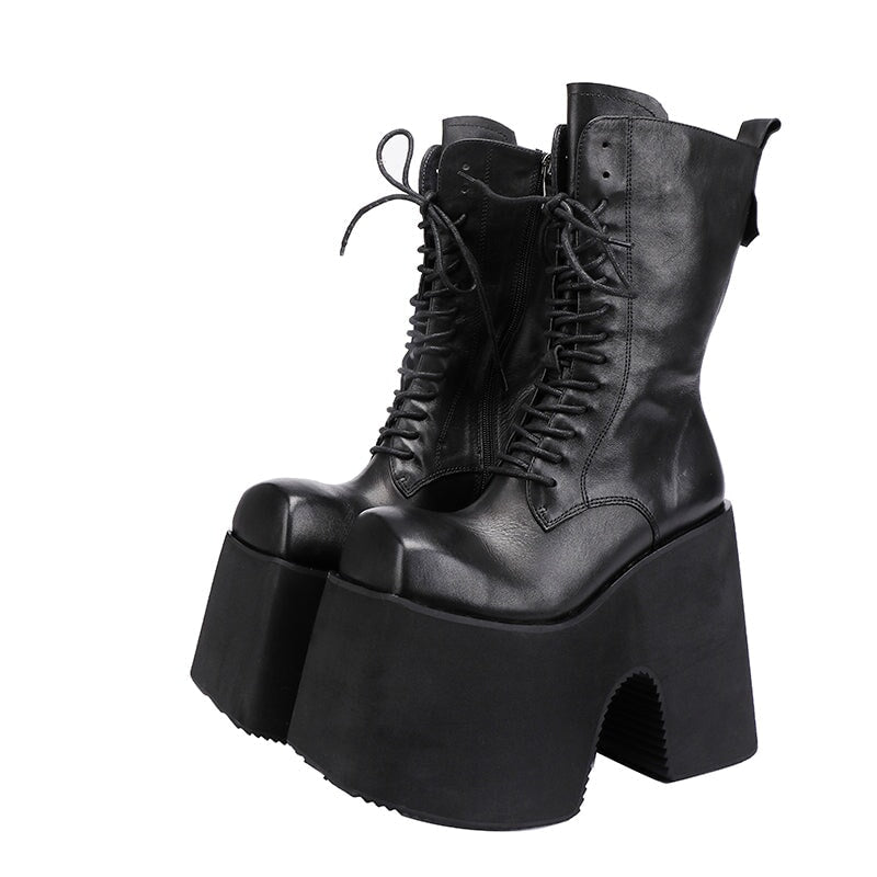 Women's Leather Martin Boots with Platform Sole Unique Design Vintage Lace-Up Mid-Calf Boots