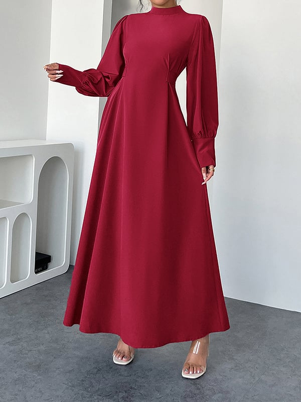 A-Line High Waisted Pleated Solid Color Tied Waist Mock Neck Maxi Dresses