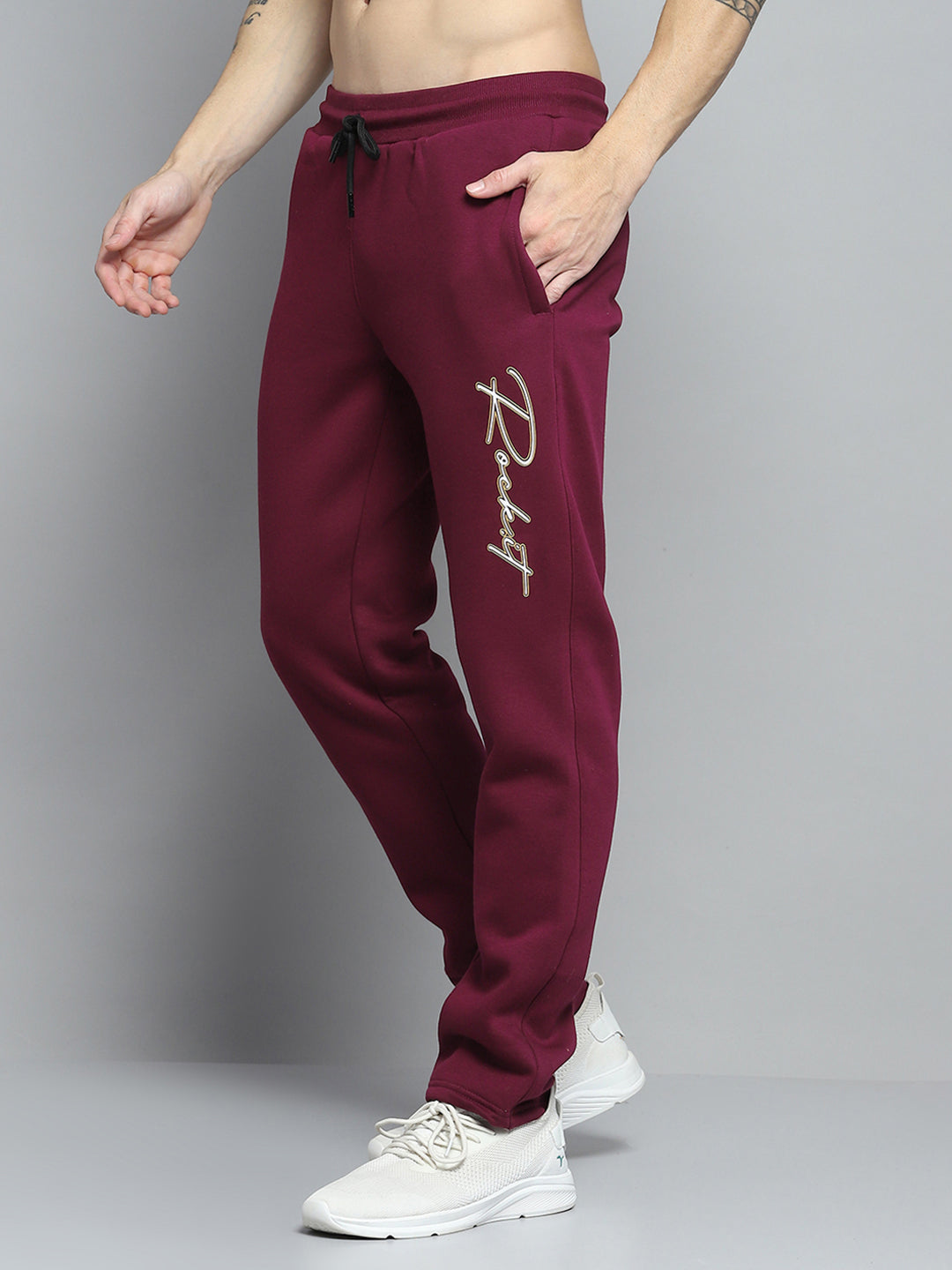 Men Maroon Printed Round Neck Full Sleeve Winter Tracksuit