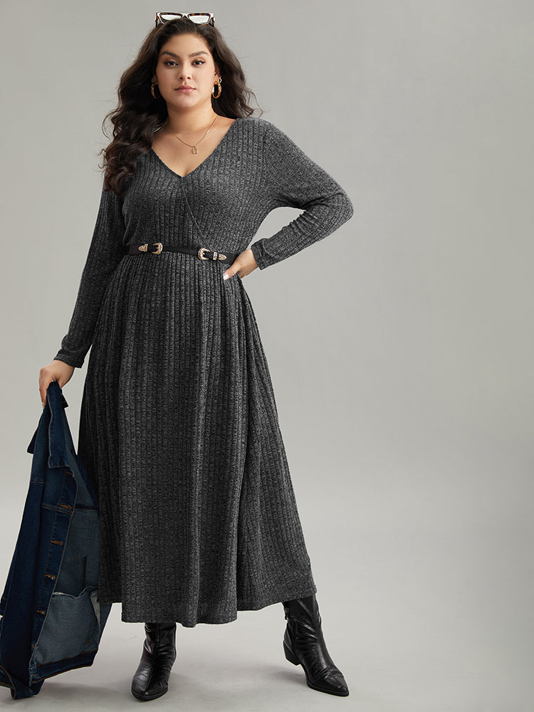 Solid Rib Knit Overlap Collar Pocket Dress