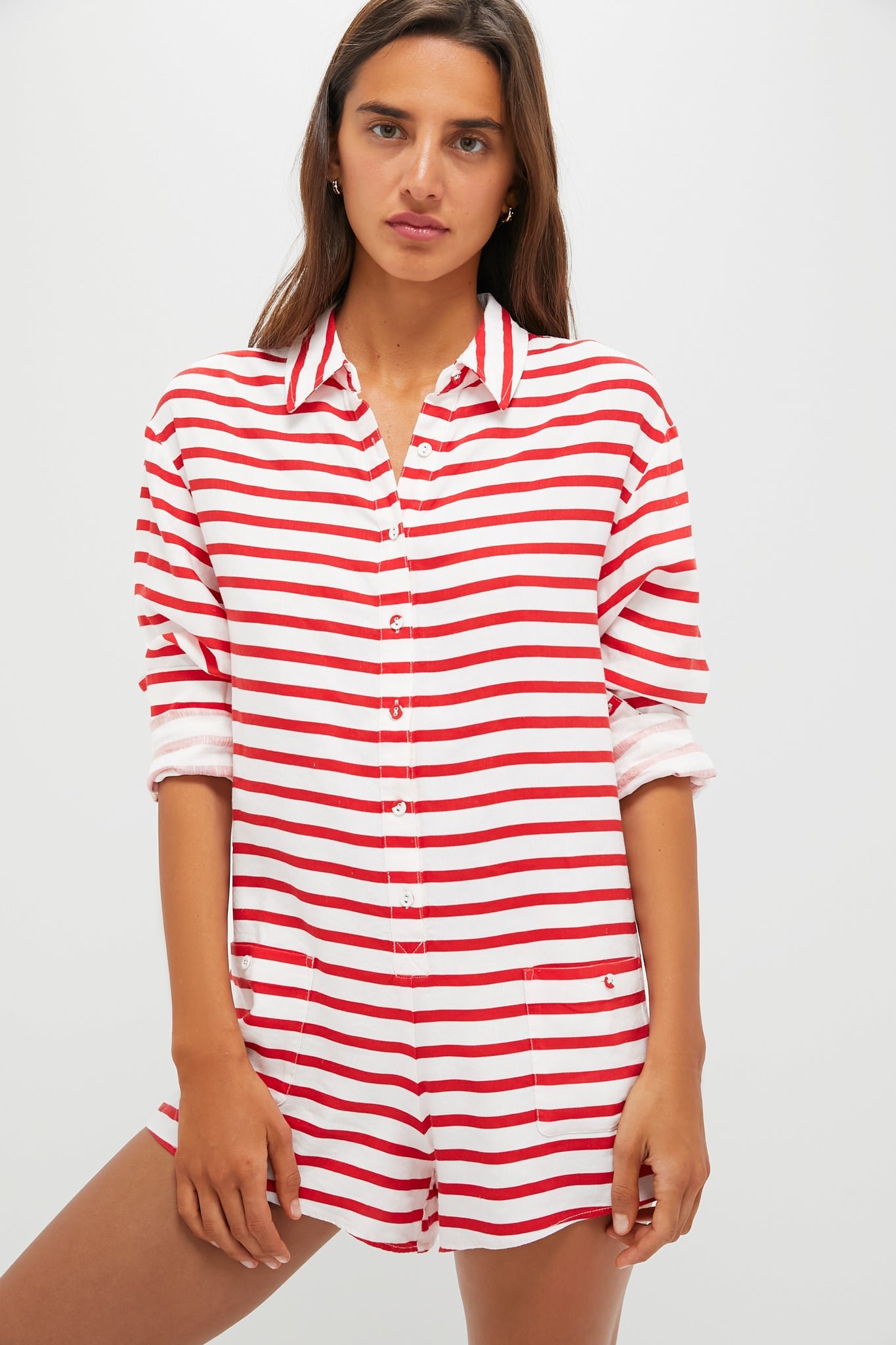 True Red and Off-White Sailor Stripe Linen Beach Romper