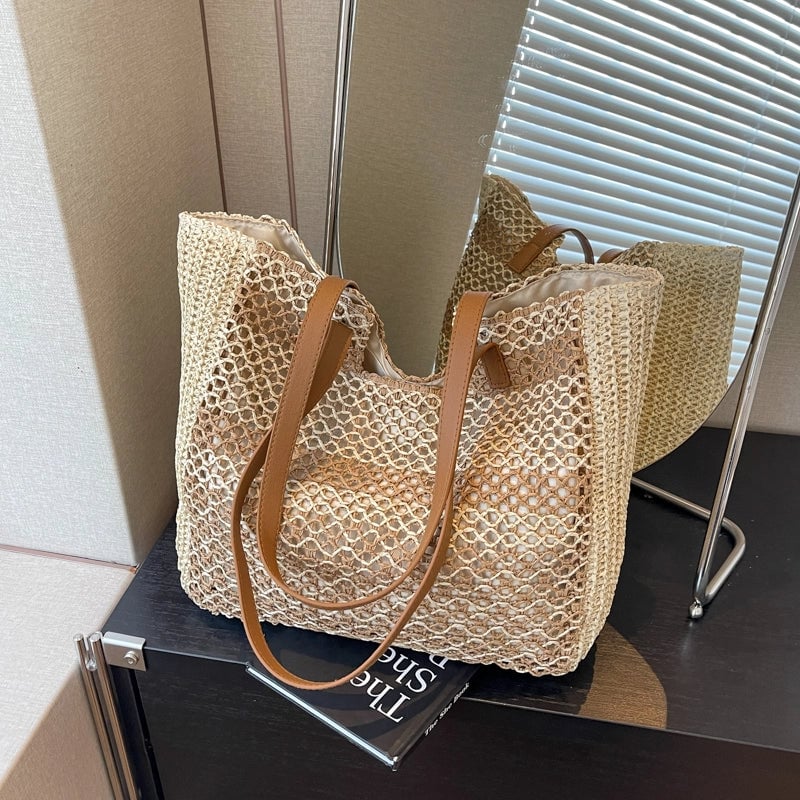 Women's Large Straw Geometric Elegant Square Zipper Shoulder Bag Underarm Bag