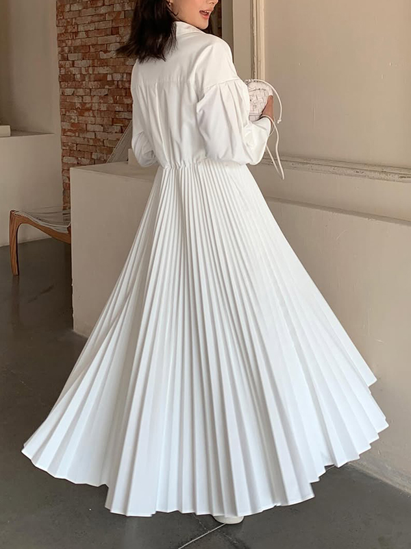 A-Line Long Sleeves Pleated Solid Color V-Neck Maxi Dresses