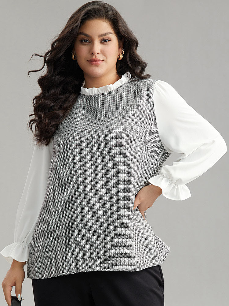 Gingham Ruffles Patchwork Frill Trim Blouse