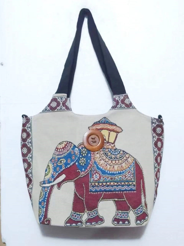 Women's Large Canvas Elephant Ethnic Style Square Zipper Shoulder Bag