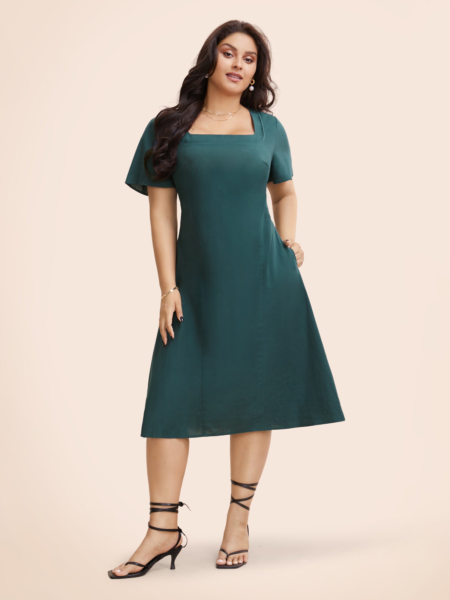 Square Neck Ruffle Sleeve Shirred Dress