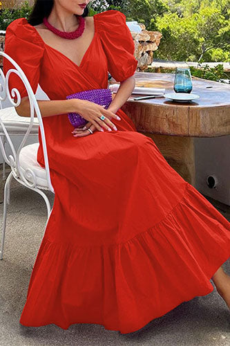 Vintage V-neck Swing Sundress Puff Sleeve Party Maxi Dress